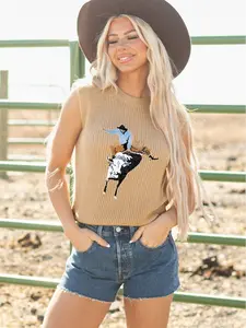 Western Cowboy Embroidery Round Neck Sleeveless Sweater, High-Quality Fabric For Comfort and Durability.