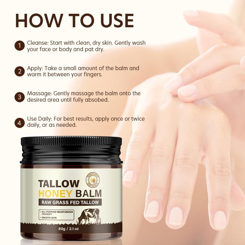 Beef Tallow&Honey Balm, Organic Grass-Fed, Handmade All-Natural, Moisturizer for Soft, Smooth, Skin Care Nourishing Comfort