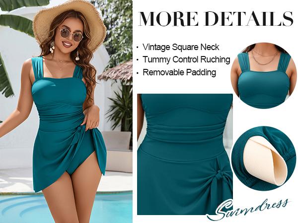 Blooming Jelly Womens One Piece Swim Dress Retro Tummy Control Modest Swimsuit Ruched Wide Strap Square Neck Bathing Suit