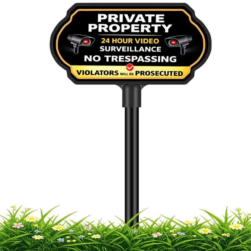 Private Property No Trespassing For House Sign 10×5 Inch Aluminum Outdoor Yard Sign With Adjustable 37 Inch Stake 24 Hour Video Surveillance Warning Weatherproof Metal Sign For Home Lawn Front Door Driveway Farm And Business