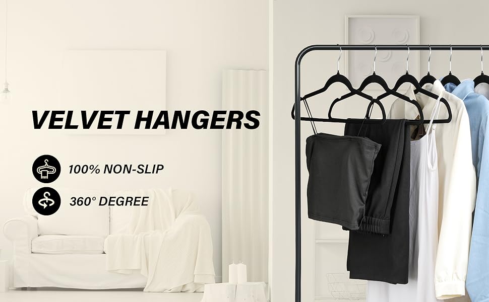 Simple Deluxe Velvet Hangers 30 Pack - Non-Slip Black Plastic with 360° Swivel Hooks for Heavy Duty Storage in Closet - Wooden