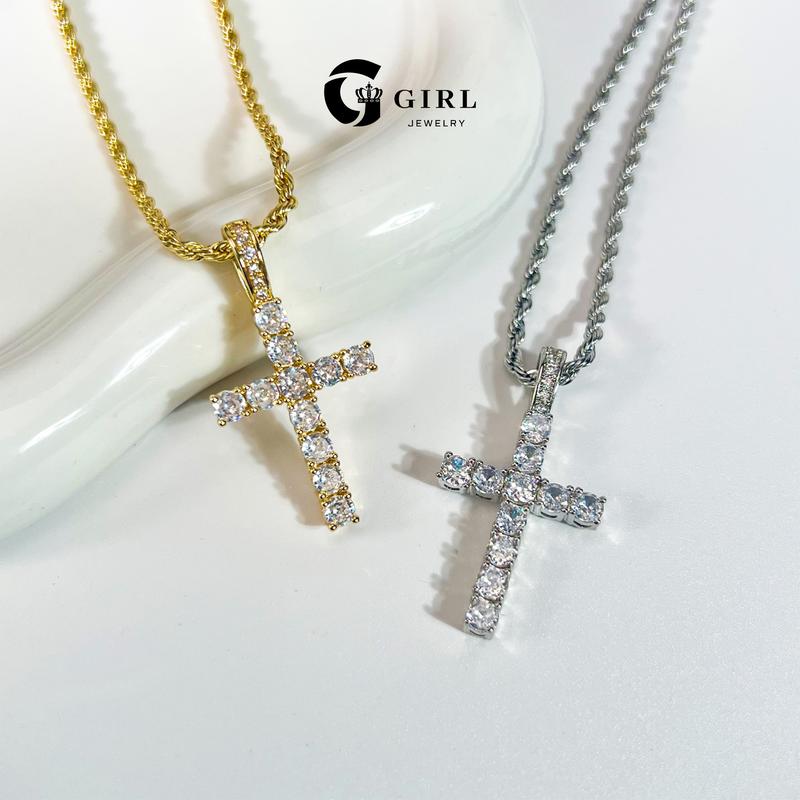 GGIRL Artificial Zirconium 18K Gold Plated Cross Pendant Necklace for Men Women Hip Hop Jewelry Stainless Steel 3/5mm Chain Fashion Jewelry Gift for Holiday Haul Christmas Birthdays Anniversaries