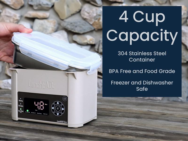 LunchEAZE Core Cordless Heated Lunchbox – Battery-Powered, 4-Cup Capacity, 220°F Max, Automatic Scheduled Heating, Stainless Steel Container