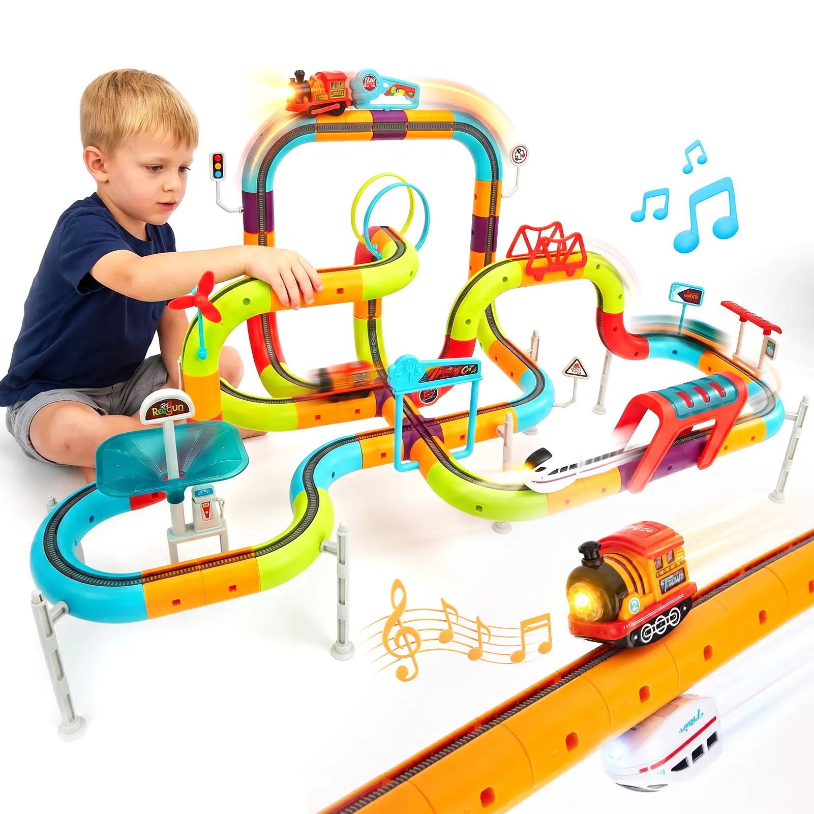 Hahaland Unisex Kids Building Block Model Train Set - 115Pcs/64Pcs with Anti-Gravity 3D Track, 2 Rechargeable Cars with Lights Music, BPA-Free Plastic STEM Toy, Beginner-Friendly Christmas Gift for Kids 3-6 Years, Kids Building Block Toys