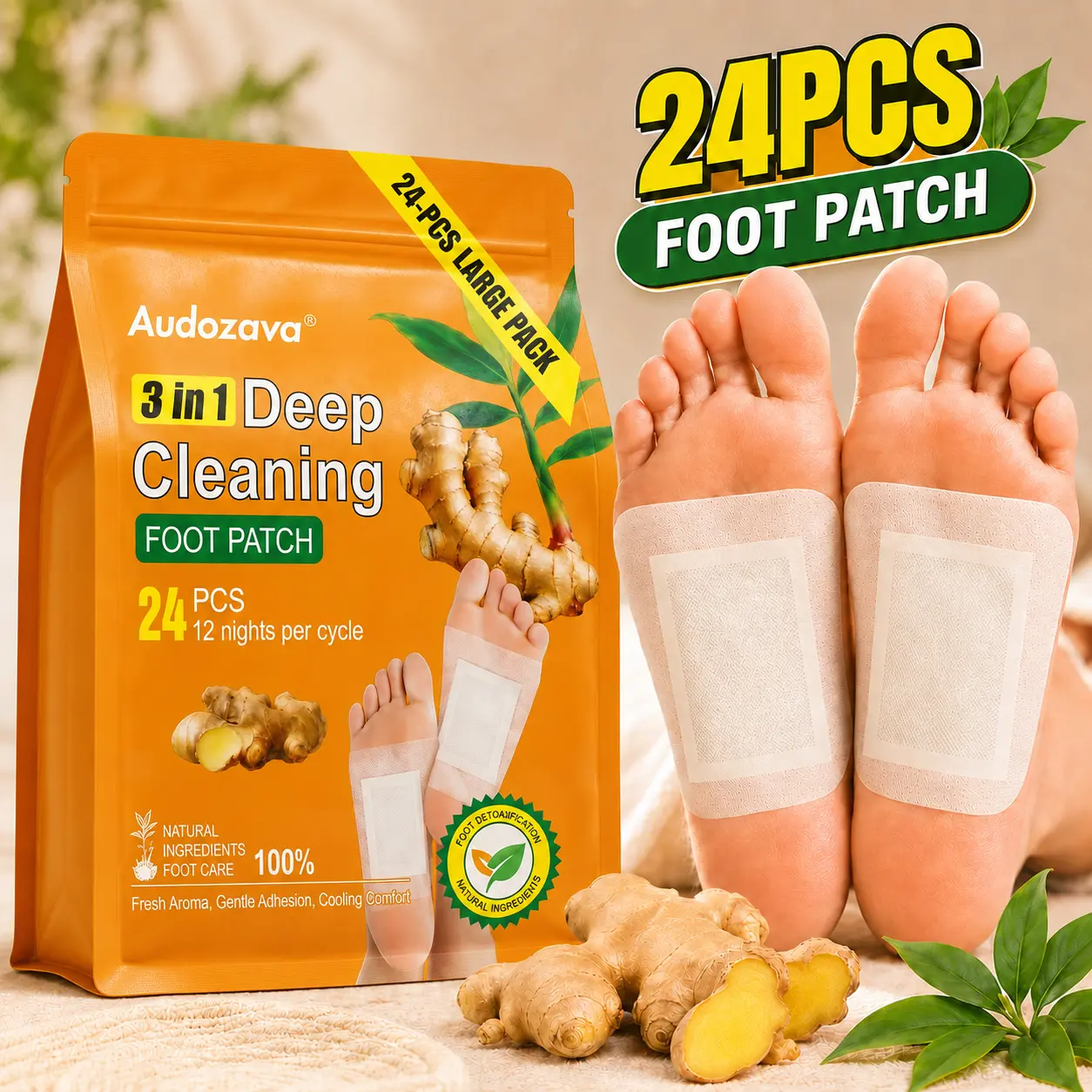 24-Count Deep Cleansing Detox Foot Pads - 3-in-1 Natural Ginger & Bamboo Charcoal Patches, 12-Night Cycle for Toxin Removal, Stress Relief, Sleep Aid, Fitness, Healthcare, Curcuma Turmeric Herbal Therapy Solution (Travel Size, Vitamin C-Infused), Wellness