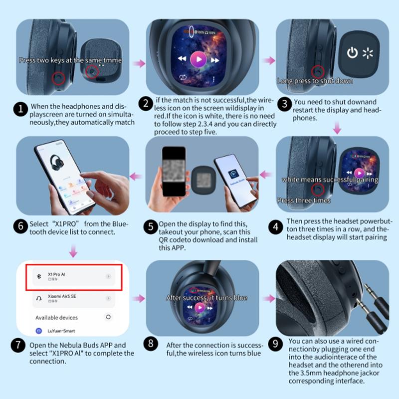 HYUNDAI X1 Pro Wireless Headphones with Detachable Full Color LCD Touch Screen Support 169 Languages Bluetooth Translation Function AI Assistant & Smart Chat