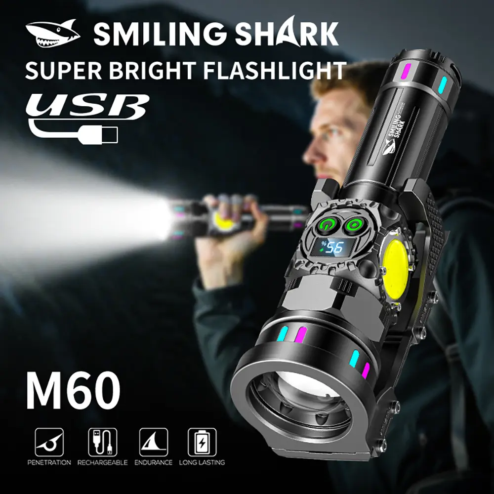 smilingshark Magnetic Flashlight with Splittable Wall Mount, Bright Zoomable LED with Red & White COB Sidelight, 5 Modes, USB-C Rechargeable Long-lasting Built-in Lithium Battery for Camping & Emergencies, Usb Port, Batteries Built-In, Led Lights, Usb Cab