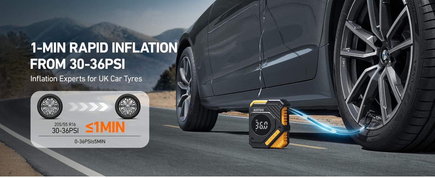 AstroAI Car Tyre Inflator Air Compressor 12V DC, 150 PSI Digital Tyre Pump with Pressure Gauge, Large LCD Display, Smart Preset & Auto Stop, for Car, Motorcycle, Bike Tyres