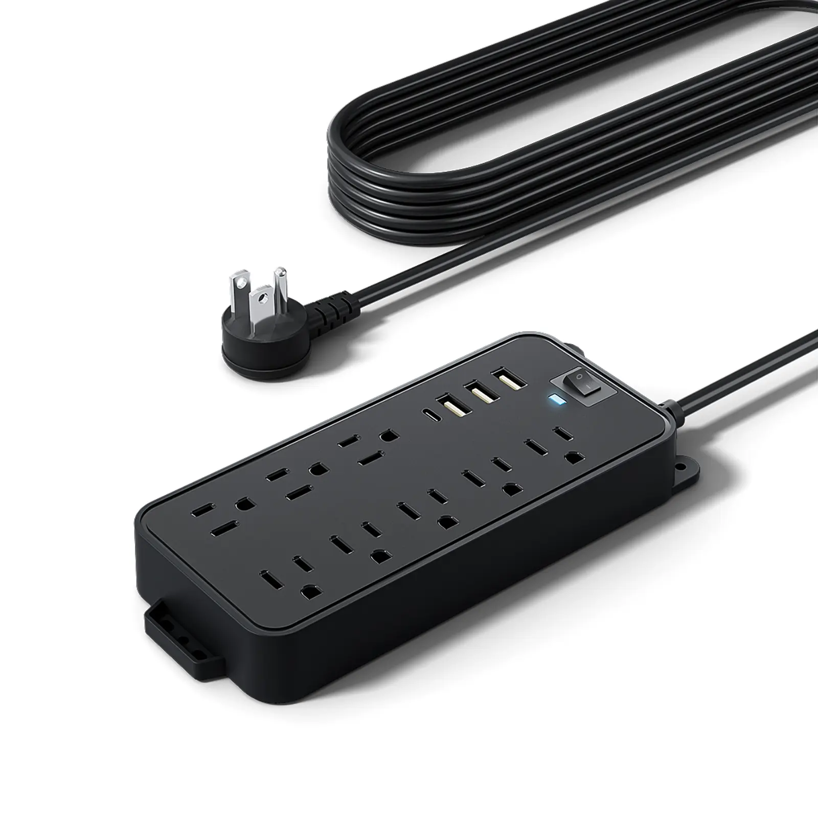 12-in-1 Modern Black PVC Power Strip Surge Protector Charging Station - 8 AC Outlets, 4 USB Ports (3A+1C), Flat Plug, 10A Heavy-Duty, 110v-130v Cable, for Gamers, iPhone 15, Galaxy S23 Ultra, Wireless Earbuds, Smart Power Strip Sockets