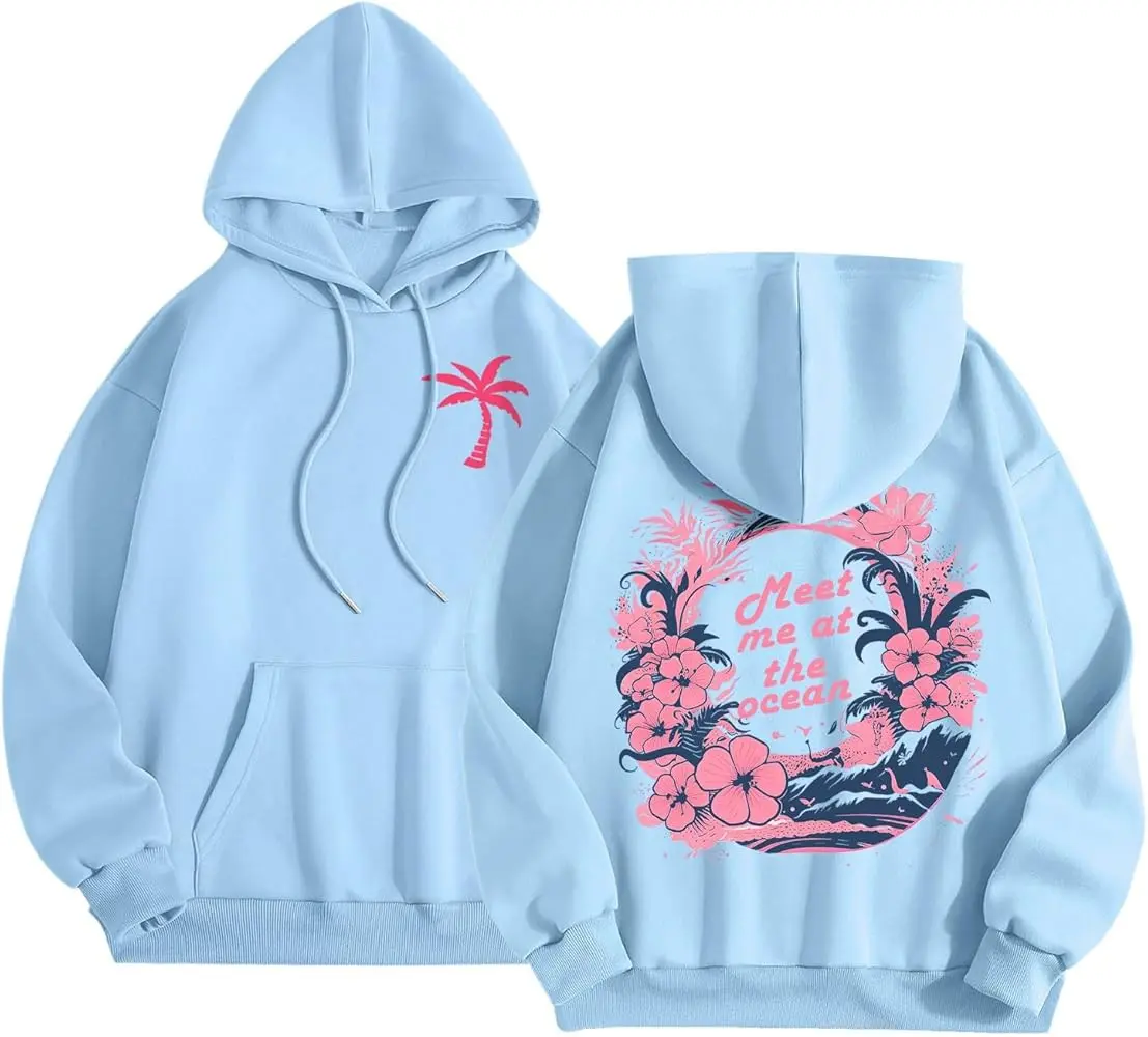 Blue Palm Puff Hoodies For Women Meet Me At The Ocean Waves, Outfit for Girls, Classic Puff Hoodie, Gift For Women