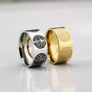 St. Benedict Protection Ring | Gold & Silver Plated Stainless Steel | Engraved Medallion Design for Men & Women Stacking Rings