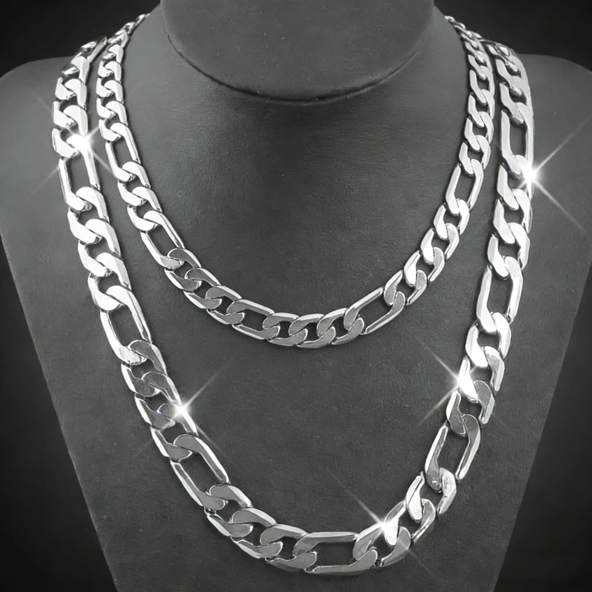 Men's Stainless Steel Figaro Chain Necklace Set, 10MM 12MM Polished Silver Tone Cuban Link Curb Chain Necklaces, Hip Hop Rapper Style Chunky Thick Chain Jewelry,925 Silver  Plated Stylish ,For Men Women Daily Wear, Valentine's Day Birthday Gift