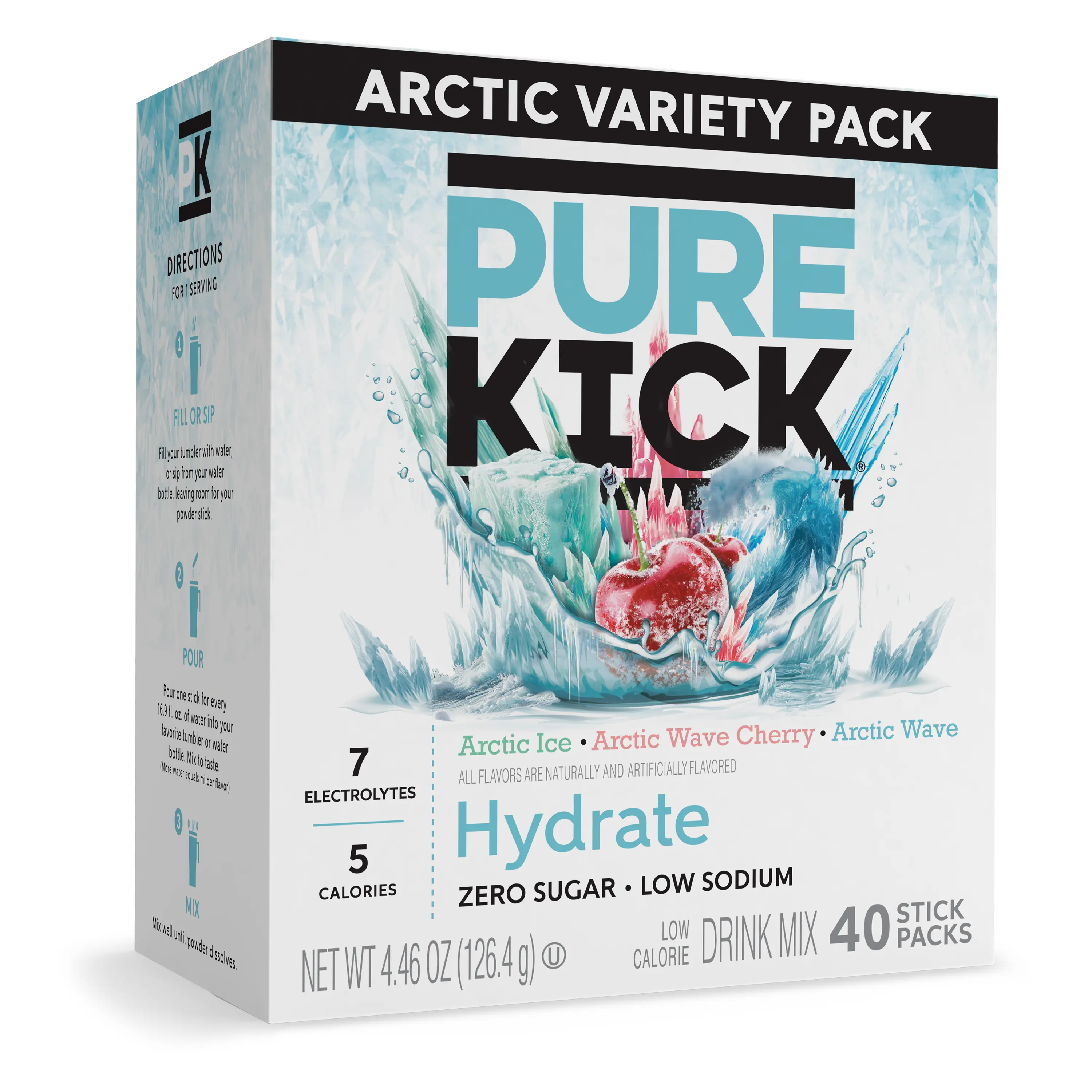 Pure Kick Hydrate Sugar-Free Hydration Powder Drink Sticks, 40ct Arctic Variety Pack, with Vitamin C, Chromium Picolinate, Zinc Gluconate, Low Calories