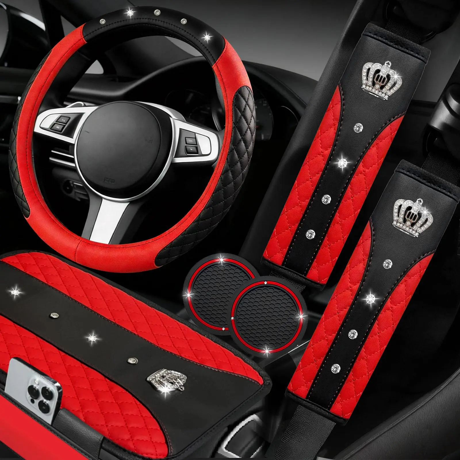 NBTEPEM 6 PCS Bling Car Accessories Set, Leather Steering Wheel Covers Universal 14.5-15 inch, Center Console Cover, Seat Belt Cushion, Cup Holder Coaster