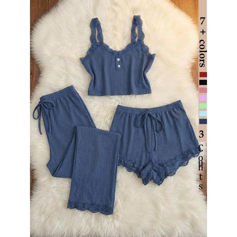 Women's Sleepwear Set, Three-Piece Round Neck Lace Trim Pajamas, Soft Breathable Comfort Casual Home Wear, Tank Top Shorts Long Pants