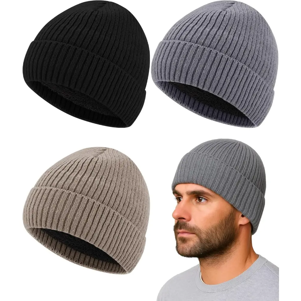3-Pack Men's Fashionable Knitted Beanie Hats, Cuffed Ribbed Design with Fleece Lining for Cold Weather & Winter Outdoor Wear, Fashionable Hats, Knitted Hat