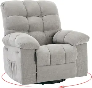Grey Rocking Recliner Chair, 360° Swivel Rocker Chair for Living Room, Upholstered Fabric Glider Nursery Chair with Side Pockets for Small Spaces, Q235 Steel Frame Lazy Boy Recliner Single Sofa