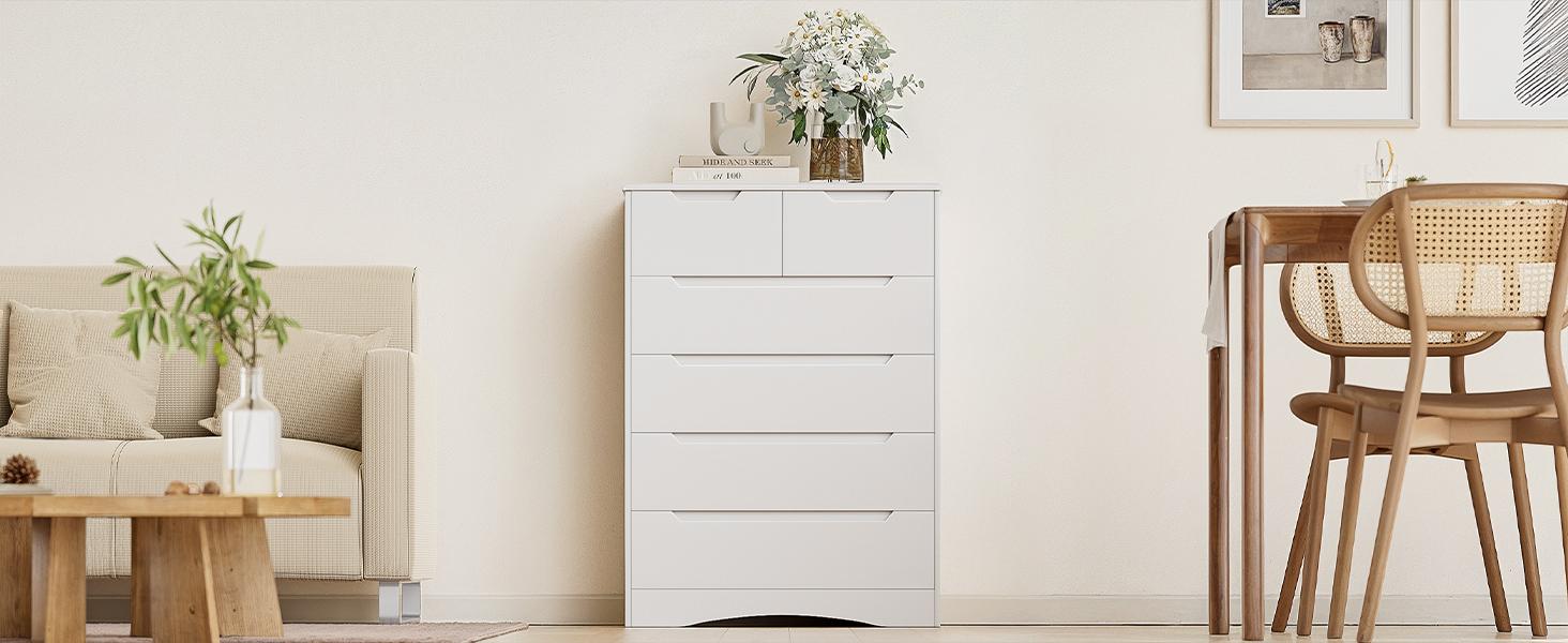 Gizoon 6 Drawer Dresser Chest of Drawers with Large Storage White Dressers for Bedroom Tall Dresser and Organizer with Anti-Tipping Wooden Cabinet for Apartment Office Living Room Entryway Girl Apartment Furniture Space-Saving