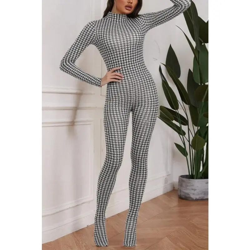 Houndstooth Graphic Print Bodystocking