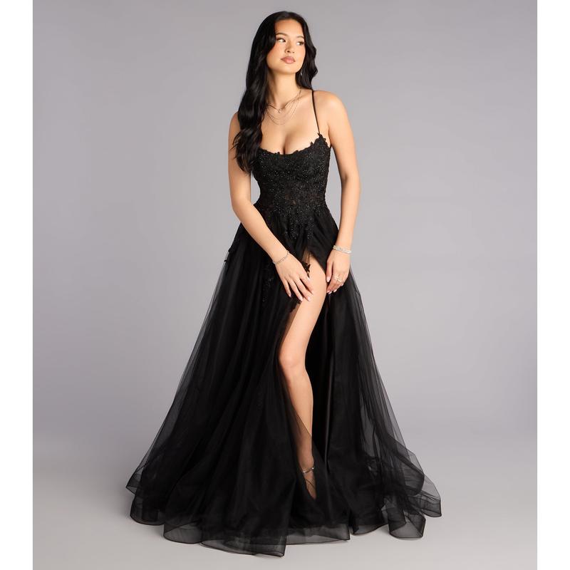 Caitlin Lace-Up Applique A-Line Formal Dress