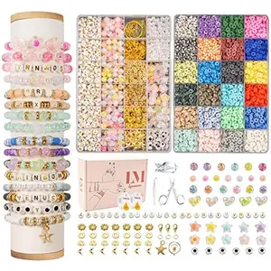 Clay Beads 8500 Pcs 2 Boxes Bracelet Making Kit - 24 Colors Polymer Clay Beads for Bracelet Making Set - Heishi Disc Beads for Jewelry Making kit with Charms and Gift Pack for Girls