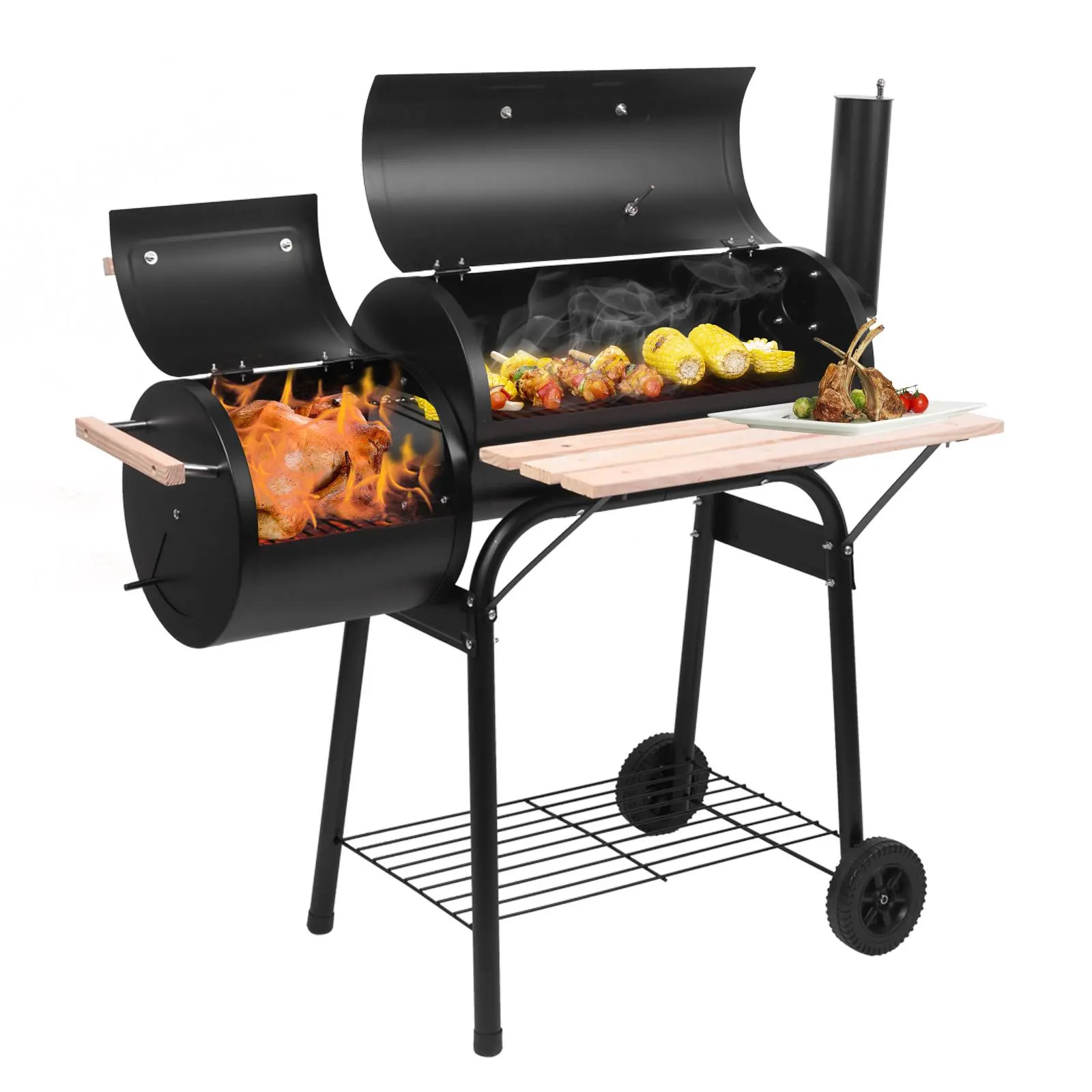 Ubesgoo Outdoor Offset Smoker BBQ Charcoal Grill with Wheels and Tray - Commercial Restaurant & Patio Furniture for Picnics, Camping, Grills, 44*25*44In