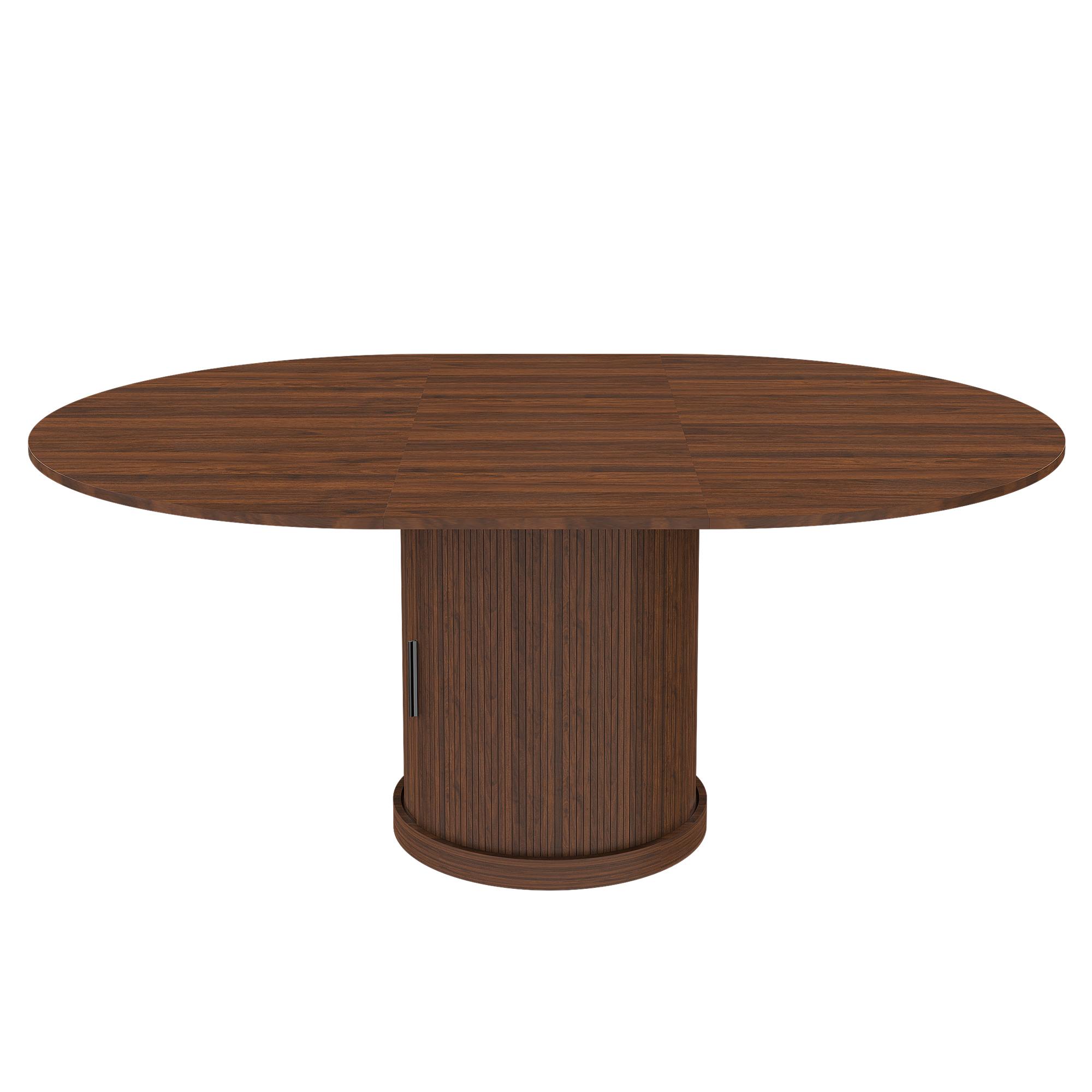 59" Extendable Oval Dining Table with 2-Tier Storage for 4-6, Space Saving Expandable Kitchen Table in Walnut Brown, MDF with Walnut Finish & Pedestal Base