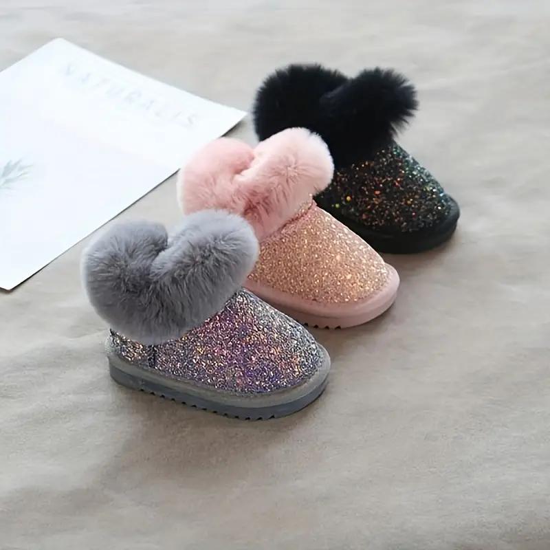 Baby Girl Sparkly Snow Boots with Fleece-Lined Thickened Soft Sole, Glittery Pink Low-Top Winter Shoes with Heart Pom-Poms & Closure for Toddlers Infants Outdoor Play, Cute Cartoon Pattern Winter Boots zipper
