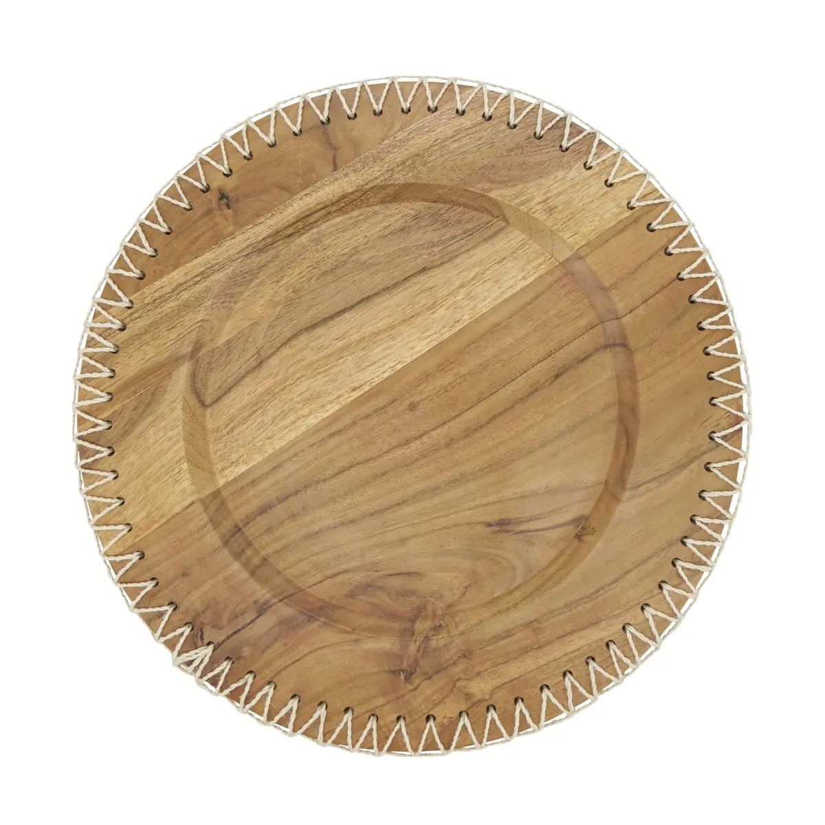 Saro Lifestyle CH623.N13R 13 in. Round Natural Wooden Charger Plates - 4-Piece Set, Rustic Stitched Edge, Textured Surface, Natural Look, Ideal for Family Dinner, Parties, Casual, Four Pieces