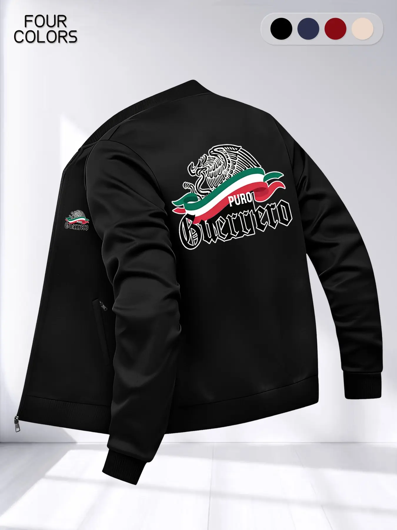 Men's Street Style Regular Jacket with Long Sleeves, Casual Zip Top Featuring Fashionable Graphic Mexican Eagle Print for Daily Wear, Zippered Jacket, Loose Fitting Jacket, Streetwear Jackets, Street Fashion Outerwear