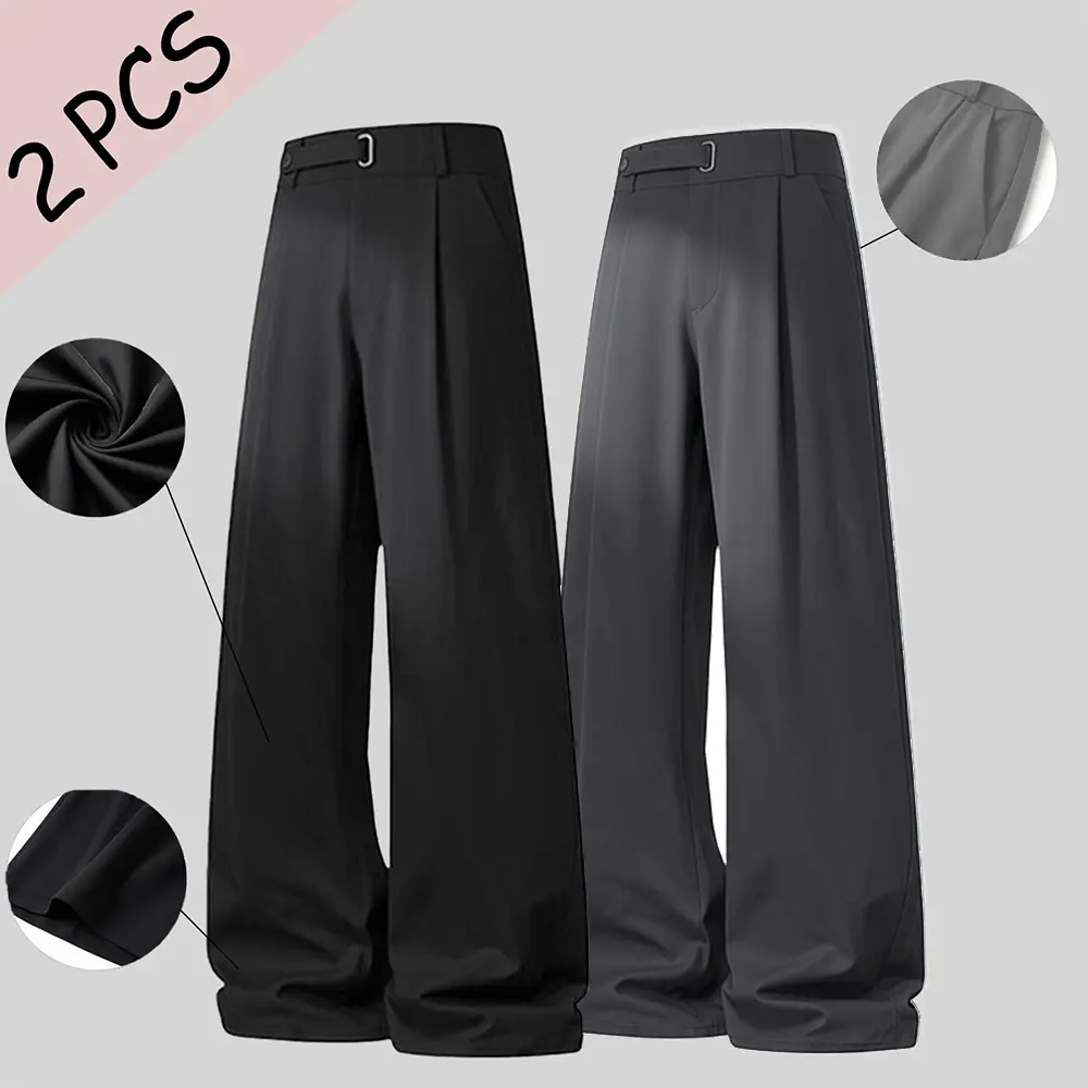 Men's High-Waist Plain Wide Pleated Full-Length Slacks - Breathable Non-Iron Polyester Elastane Fabric, Premium Drape, Buckle Closure, Relaxed Fit for Office & Business Casual Wear