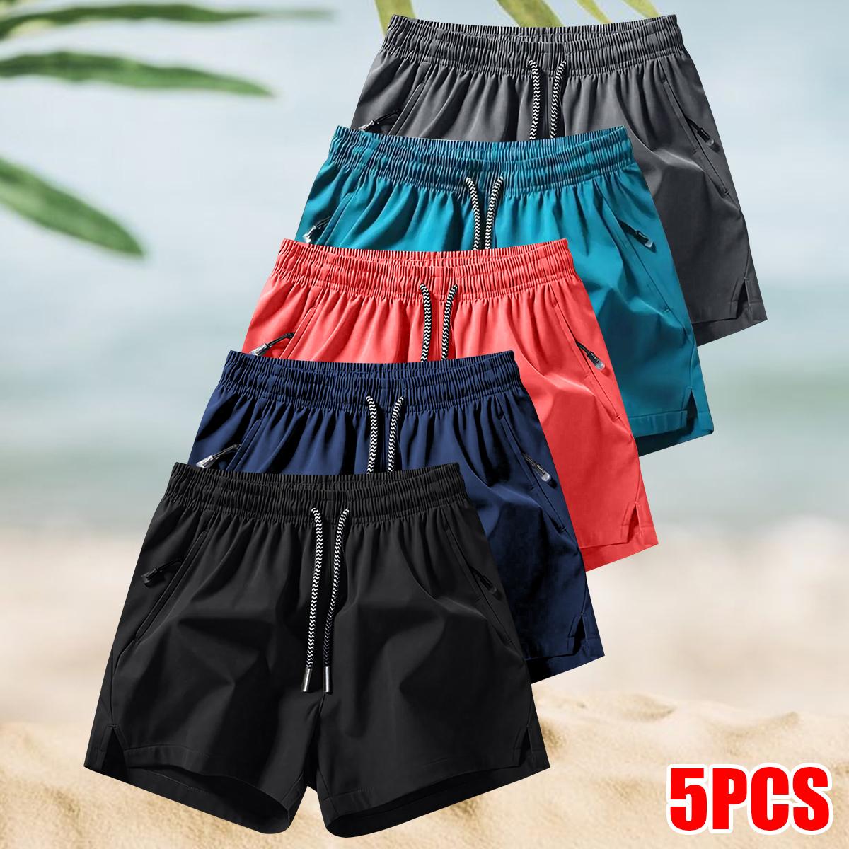 Men's 5-Pack Solid Color Quick-Dry Shorts, Casual Slightly Stretchy Elastic Waist Drawstring Shorts, Suitable for Summer Gym Workouts, Running, and Outdoor Activities, Comfortable and Adjustable SpringStatements