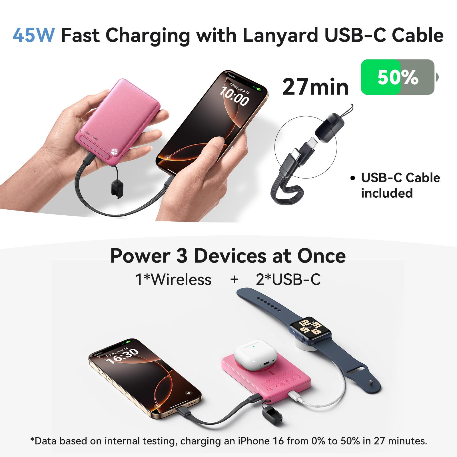 INIU MagFino Qi2 Certified 15W 10000mAh Magnetic Portable Charger with Built-In Foldable Stanｄ, Ultra Slim 45W Fast charging Power Bank Travel Wireless Metal Battery Pack, Detachable Lanyard USB C Cable Phone Charger for iPhone 17 16 15 14 13 12 Series