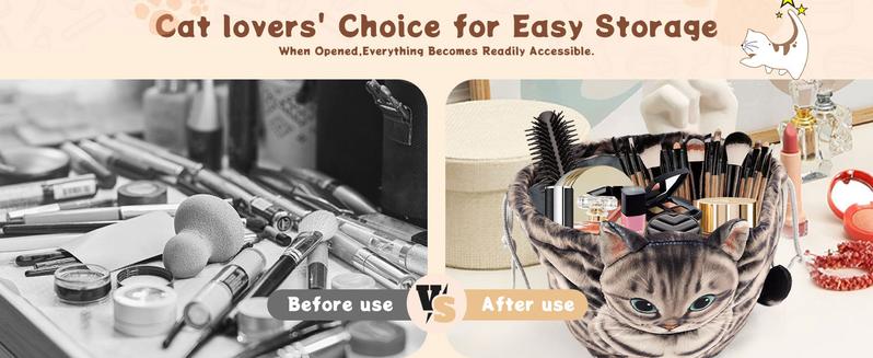 Cosmetic Bag Drawstring Travel Organizer, Cosmetic Pouch - Cat Gift, Lay Flat Makeup Bag Gifts for Cat Lovers