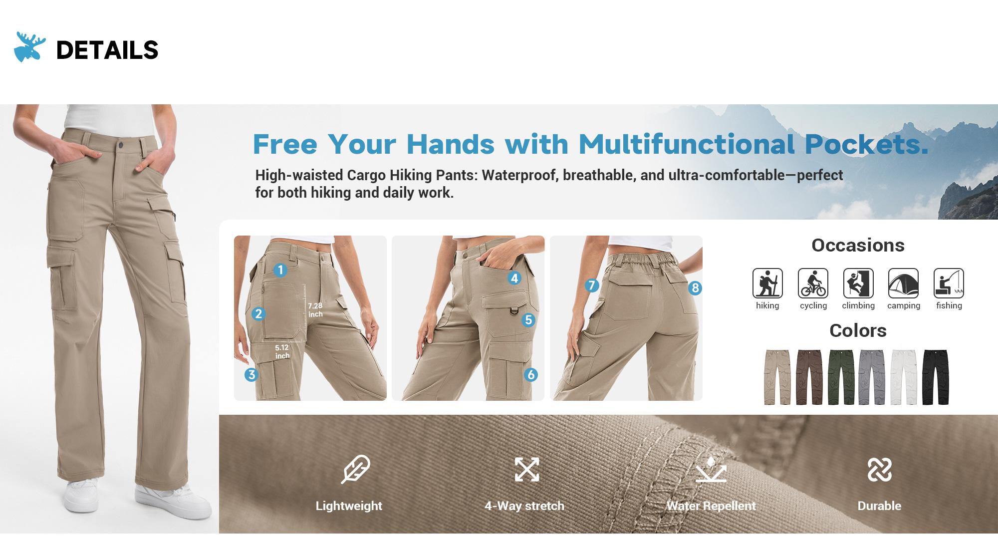 Moosehill Women's Cargo Hiking Pants High-Waisted Lightweight HikerFlex W038 Khaki Casual Comfy Pocket Sporty Trousers