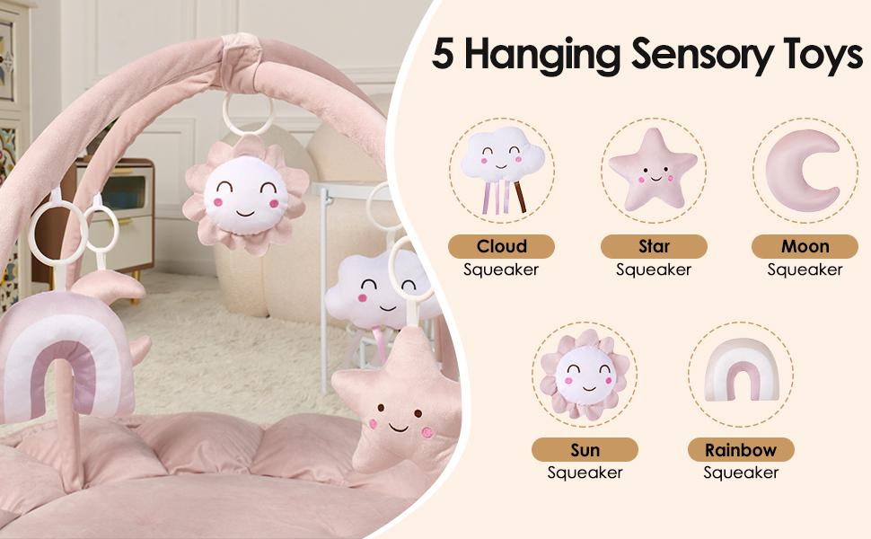 5-in-1 Convertible Baby Gym Play Mat with Hanging Toys, Soft Padded Baby Lounger & Ball Pit, Plush Tummy Time Mat for Newborns to Toddlers, Machine Washable, Gray/pink