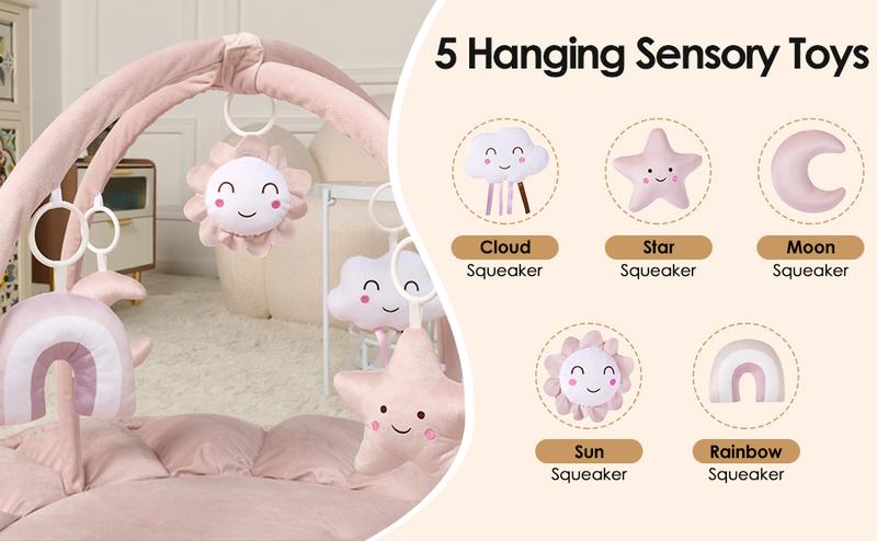 5-in-1 Convertible Baby Gym Play Mat with Hanging Toys, Soft Padded Baby Lounger & Ball Pit, Plush Tummy Time Mat for Newborns to Toddlers, Machine Washable, Gray/pink