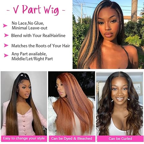 Mamushow Highlight V Part Wigs Human Hair Straight Ombre Brown Upgrade U Part Wigs 180% Density Glueless Full Head Clip In Half Wigs #FB30