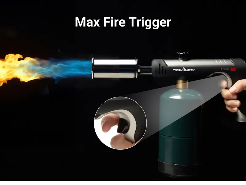 ThermoMaven 1-Touch Max Fire Durable Brass-ABS Culinary Propane Blow Torch Gun (1.56 lb, Single Unit, Tank Not Included) with Safety Lock, Adjustable Flame, 1800℃ Sear Power, 3272°F Sear Heat, Bakeware & Kitchen BBQ Grill Tool