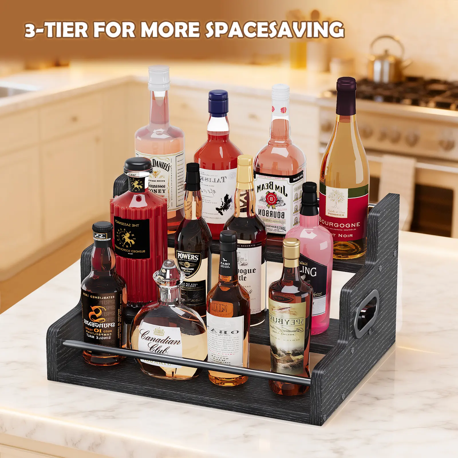 LED 3-Tier Liquor Bottle Display Shelf with Remote Control, Drink Storage Organizer Dining Room Furniture, Whiskey Spirits Holder for Tavern, Liquor Cabinet, Adjustable Shelves Dining Room Furniture