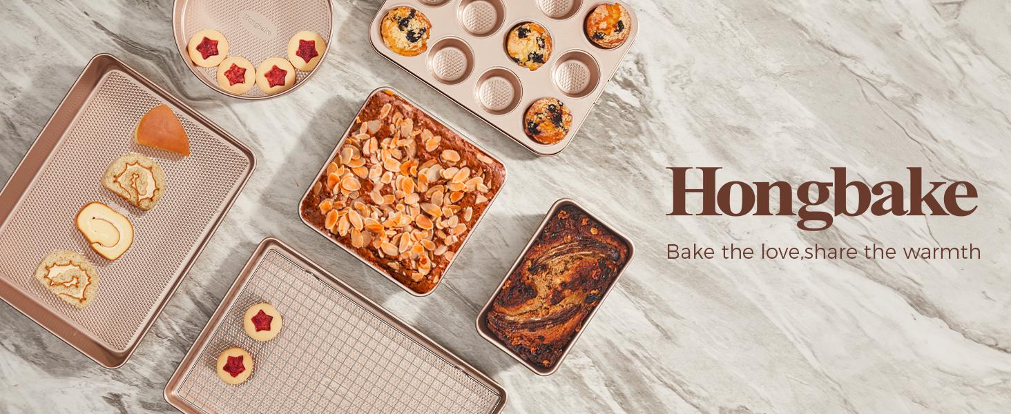 [BF&CM]HONGBAKE 7-Piece Diamond-Texture Bakeware Sets,Non-Stick Baking Sheet Pan Set,Cookie Sheets ,Roasting Pan,Cookware,Gold,Baker Kitchenware Steel