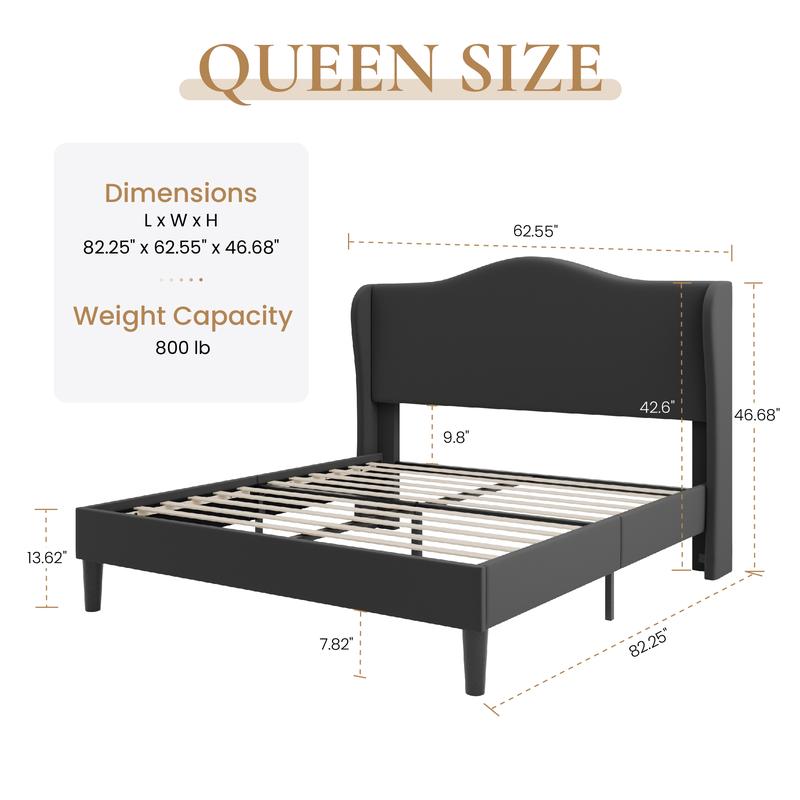 SHA CERLIN Modern Minimalist Bed Frame with Curved Wingback Headboard Heavy Duty Upholstered Platform Bed with Wood Slats Elegant Style No Box Spring Needed