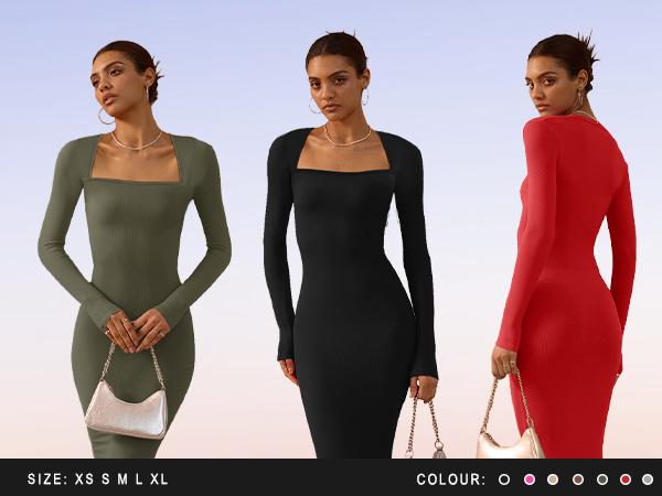 REORIA Women's Chic Black Square Neck Long Sleeve Bodycon Maxi Dress Autumn Casual Ribbed Soft Lounge Dresses Women's Wear Elegant Machine Washable Basic Minimalist Style