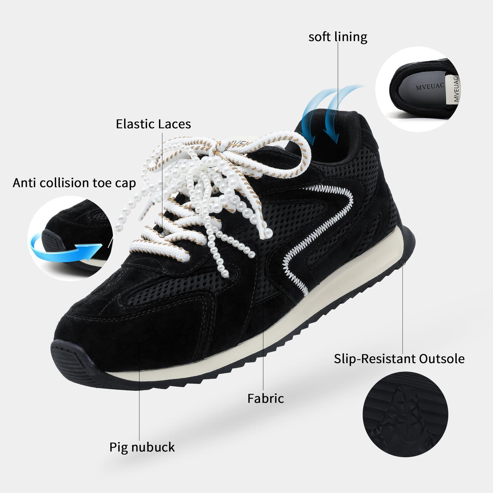 MVEUAC Women's Genuine Leather Athletic All-Season Closed-Toe Lace-Up Casual Trainers, Low-Top Tennis Sneakers for Outdoor Activities & Commuting, Black