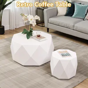 Coffee Table & Side Table Set Living Room Furniture Solid Wood Furniture Polygonal Coffee Table Geometric Side Table Ideal for Homes, Apartments, Hotels Easy Assembly