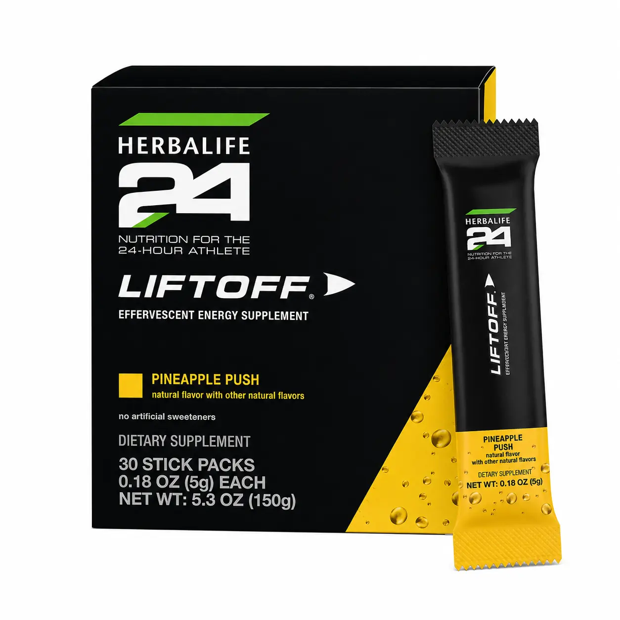 Herbalife24 Liftoff Pineapple Push 30 Stick Packs Effervescent Drink Mix Pineapple Flavor Natural Caffeine B Vitamins Dietary Supplement Daily Nutrition Energy Support Focus Support Portable Stick Packs Ready to Mix Beverage Powder