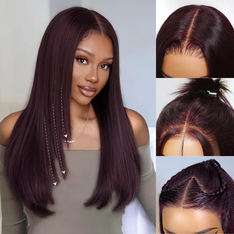 UNice Glueless Black Cherry Layered Straight Wig with Drawstring Pre-cut 7x5/13x4 HD Lace Frontal Human Hair Wigs with Invisible Knots Beginners Friendly