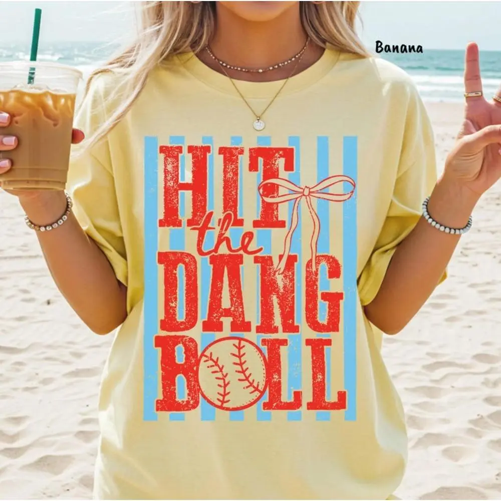 Women's 'Hit The Dang Ball' Retro Oversized Baggy Loose Tshirt - Combed Cotton Essential Fabric, Basic, Double-Stitched, Trendy Graphic, Casual Lightweight Football Game Day Crew Neck Short Sleeve Top, Unisex Vintage Fashion, True-To-Size