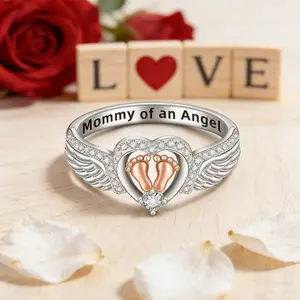 Newstyle Miscarriage Gifts for Mothers Pregnancy Loss Son or Daughter Ring Silver Heart Mommy of An Angel Wing Rings Footprint Bands Memorial Sympathy Jewelry for Mother's Day Gifts