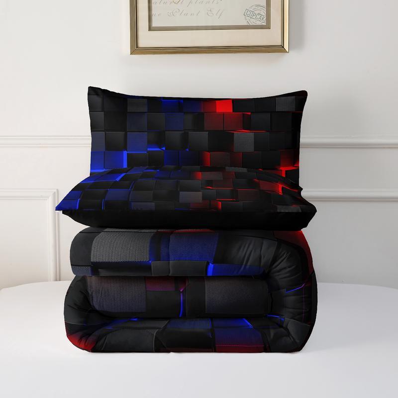 3pcs Red Black Grid Quilt Virtual Space Bedding Set for Adults Bedroom Decor,  futuristic tech vibe Quilt Set Comforter with 2 Pillow Shams Gifts for the Family